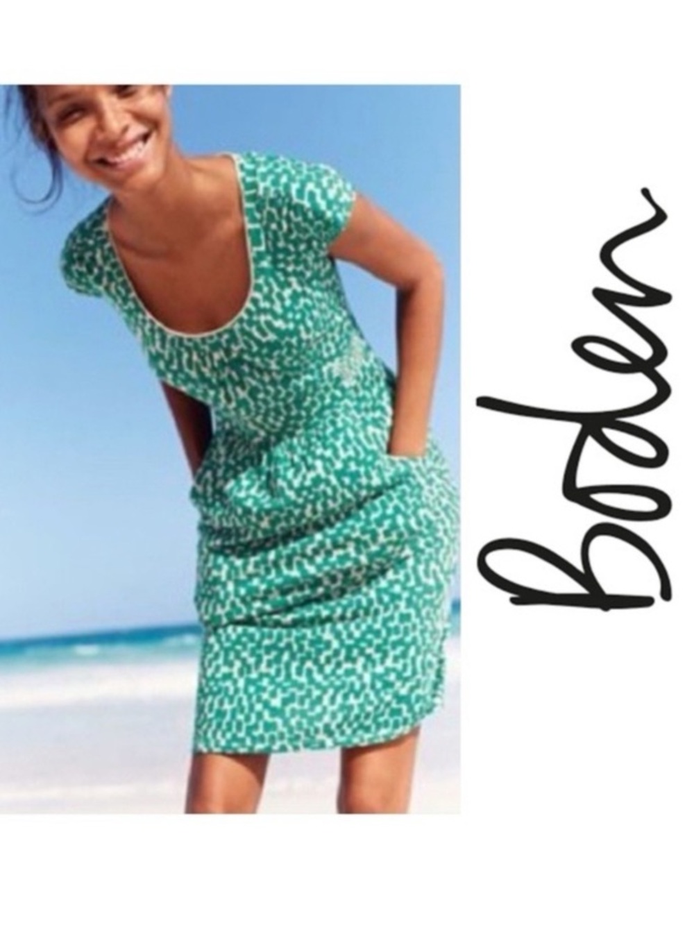 Boden Green and White Scoop-Neck Short Sleeve Dress